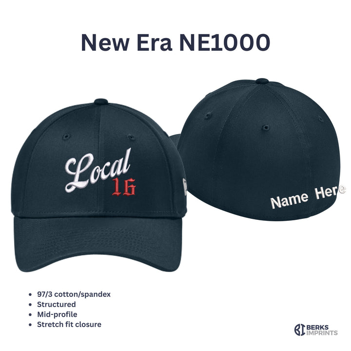 New Era NE1000 cap details — 97/3 cotton-spandex, structured mid-profile, stretch-fit closure, with back name option