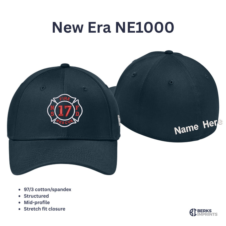 New Era NE1000 cap details — 97/3 cotton-spandex, structured mid-profile, stretch-fit closure, with back name option