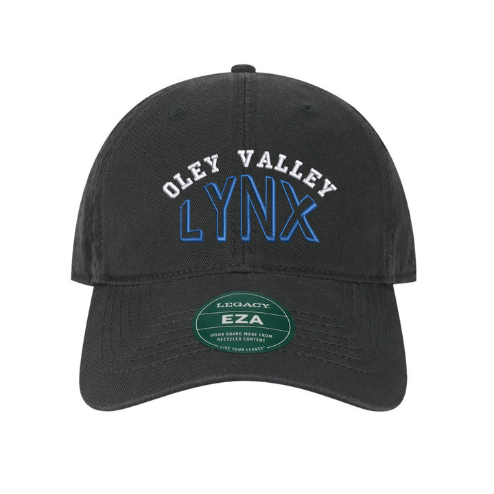 Oley Valley Lynx Classic Arch embroidered dad cap, white and royal blue stitching on a black cap