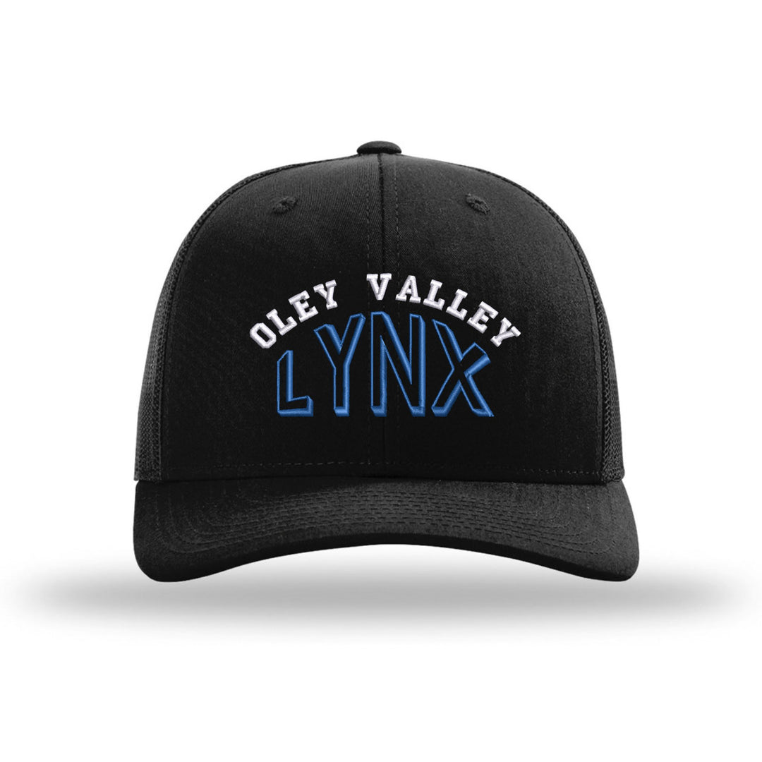 Oley Valley Lynx Classic Arch embroidered trucker hat, white and royal blue stitching on a black hat