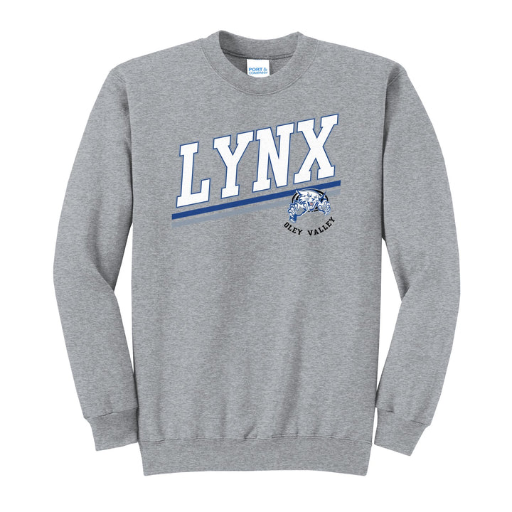 Oley Valley Lynx Slanted Stripe crewneck sweatshirt in Athletic Heather: bold varsity LYNX lettering over a slanted double stripe, with a small lynx mascot badge and Oley Valley