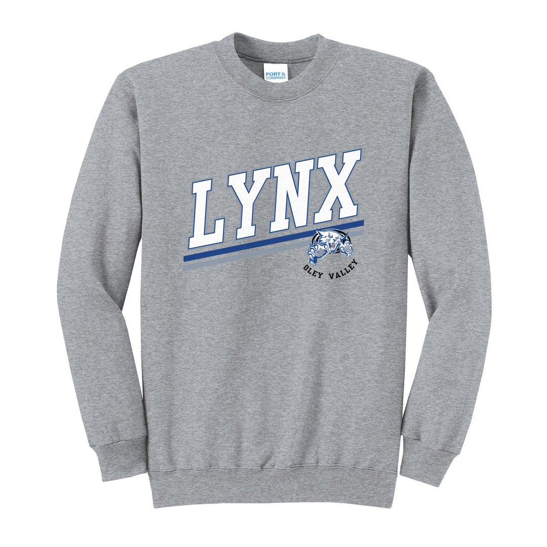 Oley Valley Lynx Slanted Stripe crewneck sweatshirt in Athletic Heather: bold varsity LYNX lettering over a slanted double stripe, with a small lynx mascot badge and Oley Valley