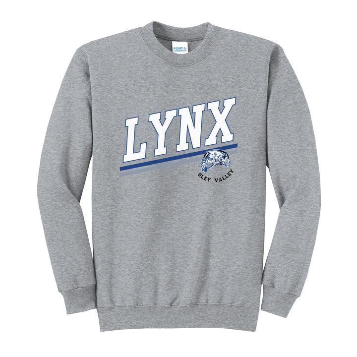 Oley Valley Lynx Slanted Stripe crewneck sweatshirt in Athletic Heather: bold varsity LYNX lettering over a slanted double stripe, with a small lynx mascot badge and Oley Valley