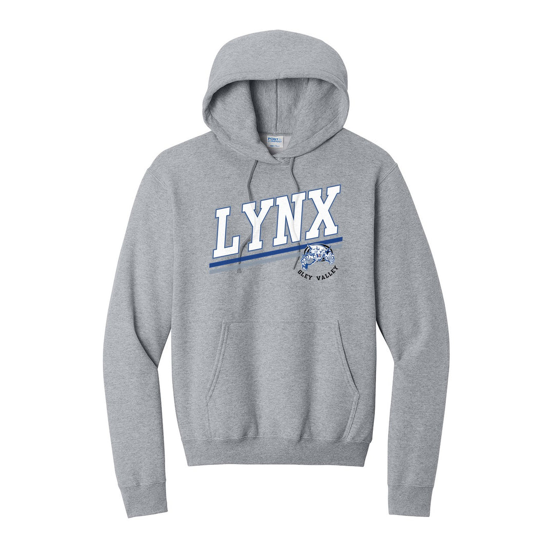 Oley Valley Lynx Slanted Stripe hoodie in Athletic Heather: bold varsity LYNX lettering over a slanted double stripe, with a small lynx mascot badge and Oley Valley