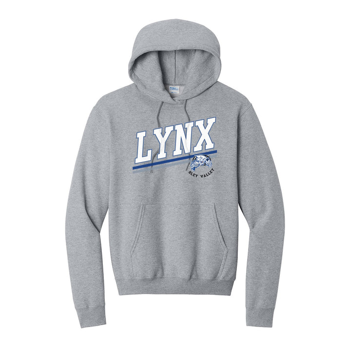 Oley Valley Lynx Slanted Stripe hoodie in Athletic Heather: bold varsity LYNX lettering over a slanted double stripe, with a small lynx mascot badge and Oley Valley