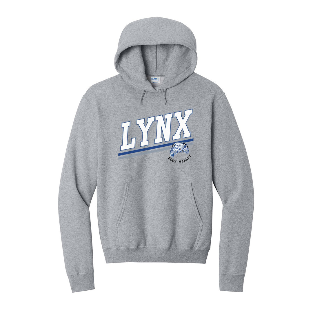 Oley Valley Lynx Slanted Stripe hoodie in Athletic Heather: bold varsity LYNX lettering over a slanted double stripe, with a small lynx mascot badge and Oley Valley