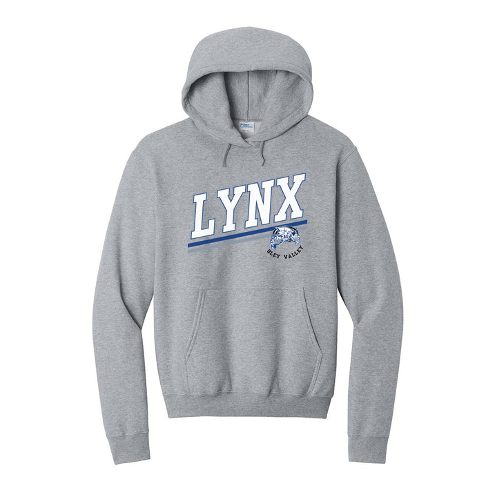 Oley Valley Lynx Slanted Stripe hoodie in Athletic Heather: bold varsity LYNX lettering over a slanted double stripe, with a small lynx mascot badge and Oley Valley