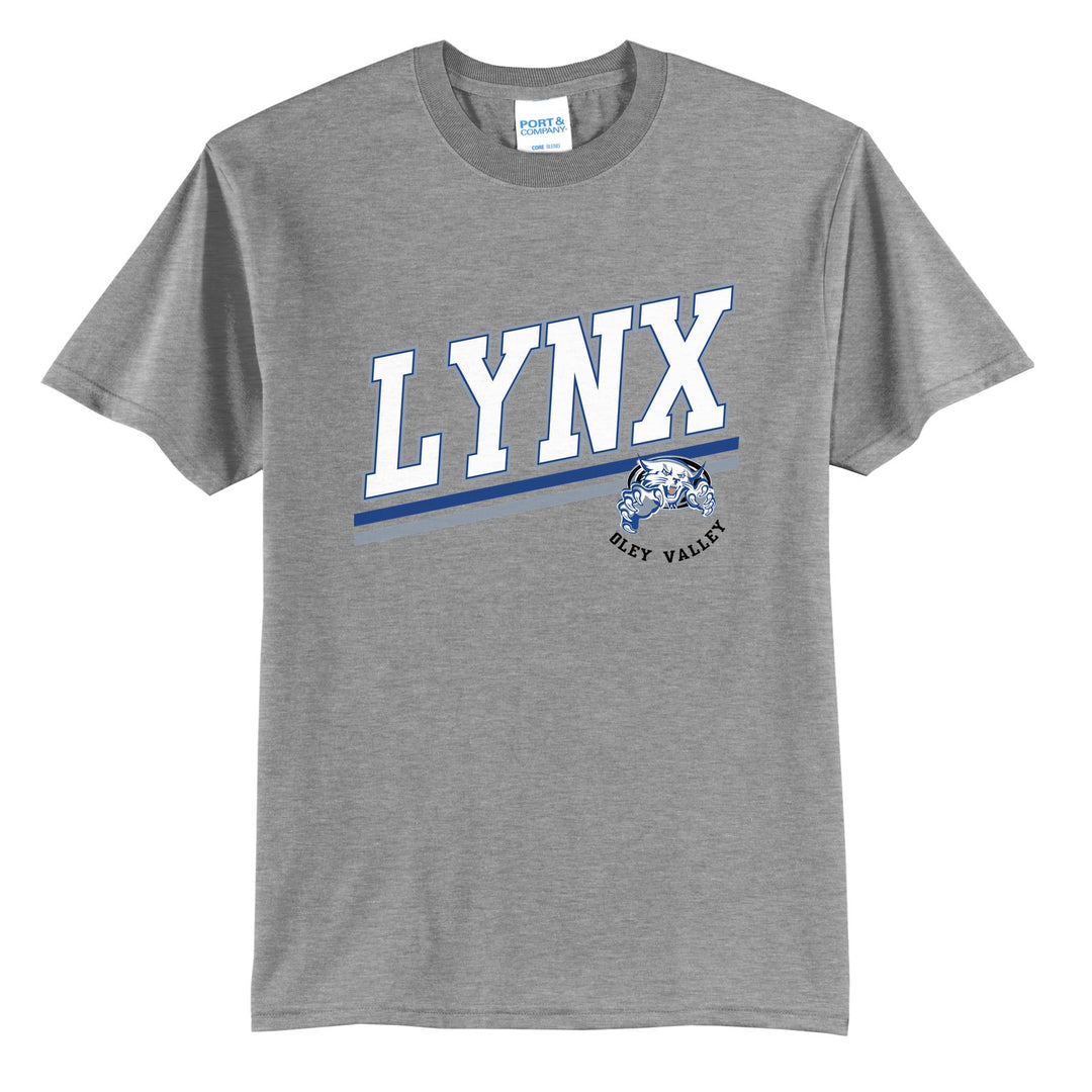Oley Valley Lynx Slanted Stripe t-shirt in Athletic Heather: bold varsity LYNX lettering over a slanted double stripe, with a small lynx mascot badge and Oley Valley