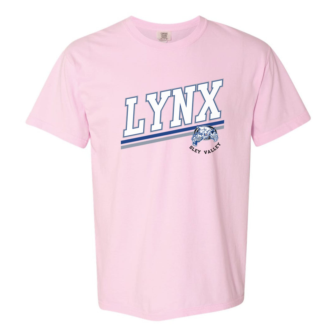 Oley Valley Lynx Slanted Stripe comfort colors t-shirt in Blossom: bold varsity LYNX lettering over a slanted double stripe, with a small lynx mascot badge and Oley Valley