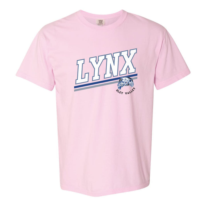Oley Valley Lynx Slanted Stripe comfort colors t-shirt in Blossom: bold varsity LYNX lettering over a slanted double stripe, with a small lynx mascot badge and Oley Valley