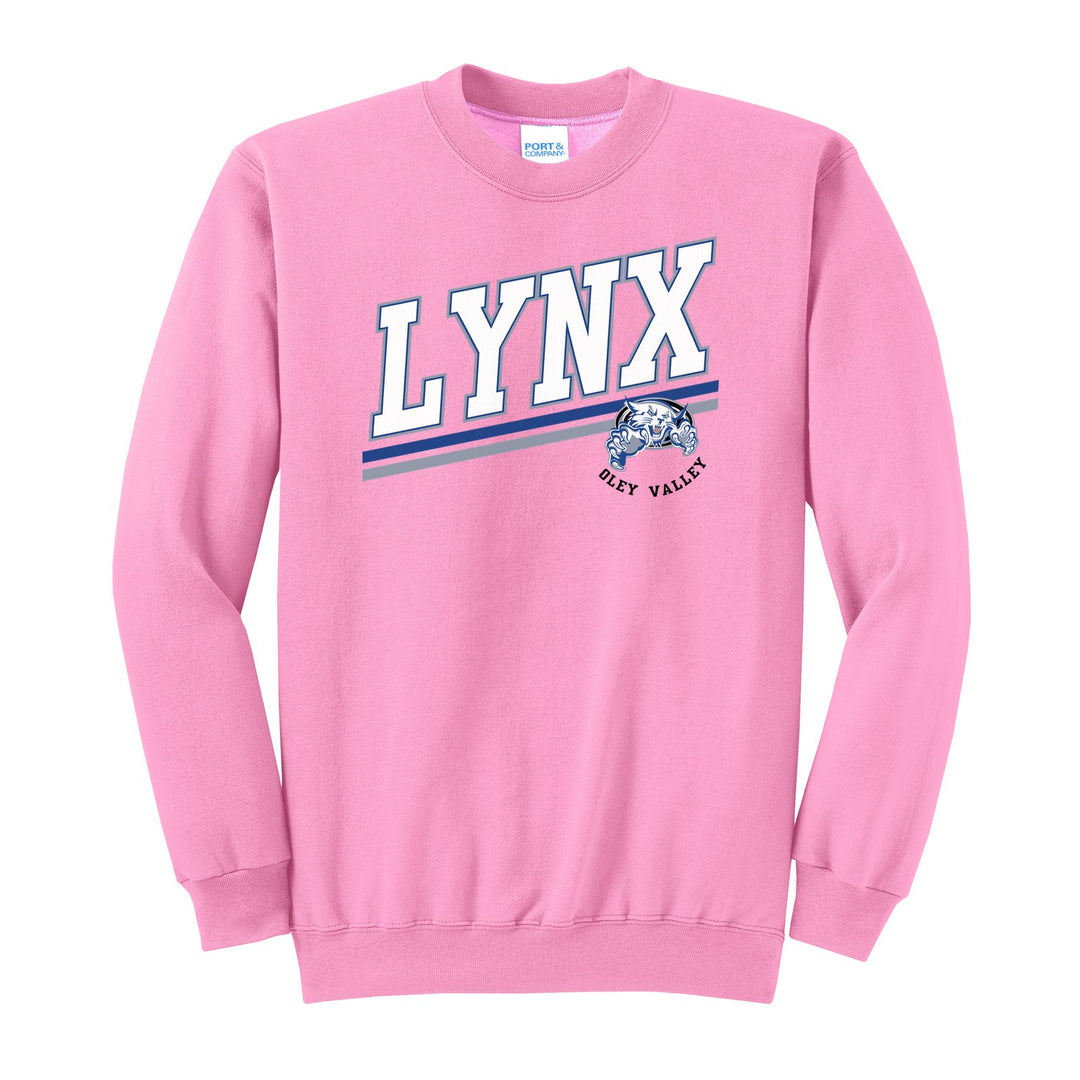 Oley Valley Lynx Slanted Stripe crewneck sweatshirt in Candy Pink: bold varsity LYNX lettering over a slanted double stripe, with a small lynx mascot badge and Oley Valley