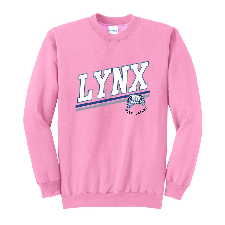 Oley Valley Lynx Slanted Stripe crewneck sweatshirt in Candy Pink: bold varsity LYNX lettering over a slanted double stripe, with a small lynx mascot badge and Oley Valley