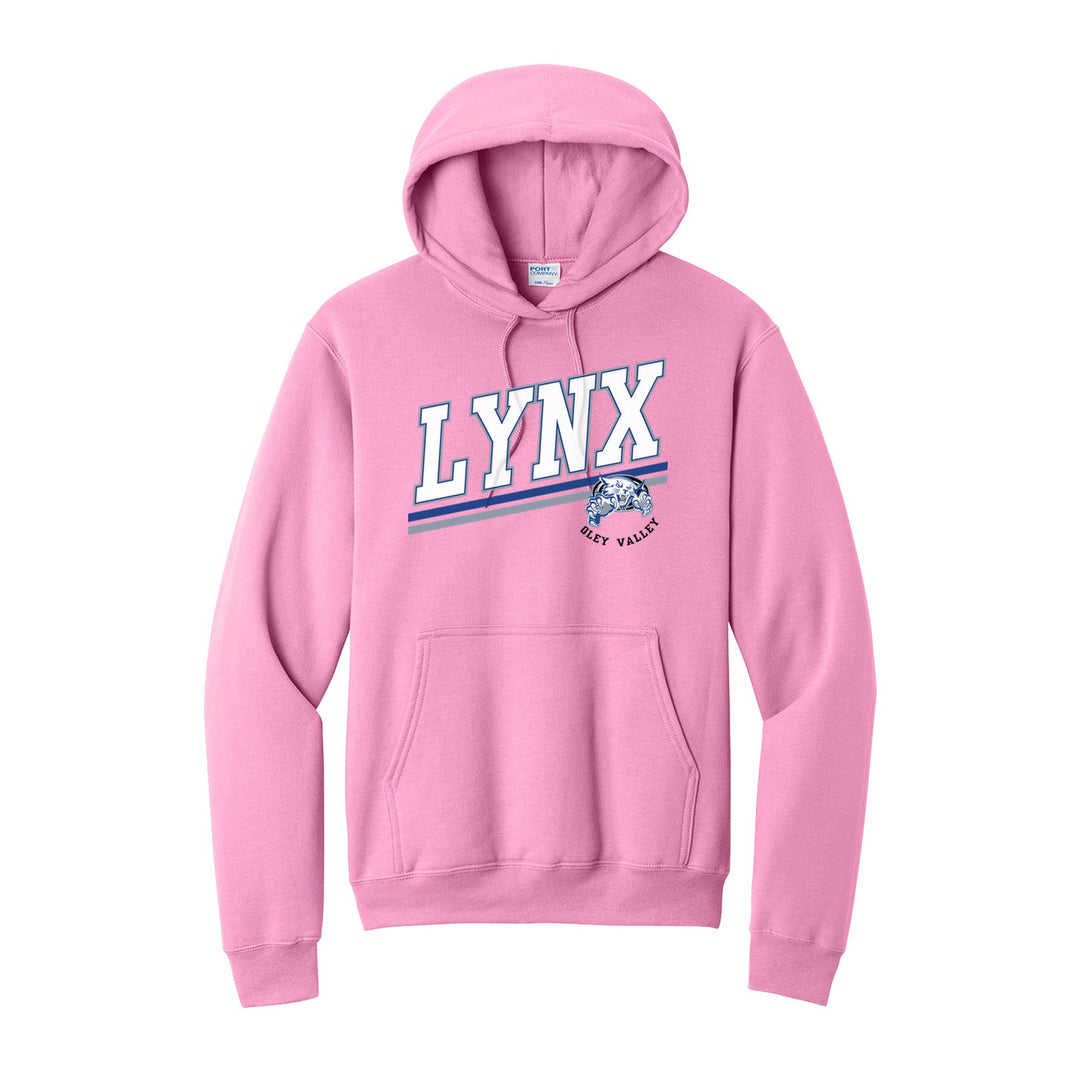 Oley Valley Lynx Slanted Stripe hoodie in Candy Pink: bold varsity LYNX lettering over a slanted double stripe, with a small lynx mascot badge and Oley Valley