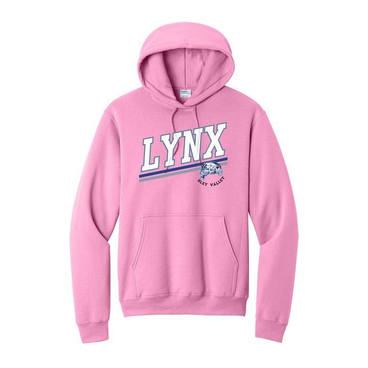 Oley Valley Lynx Slanted Stripe hoodie in Candy Pink: bold varsity LYNX lettering over a slanted double stripe, with a small lynx mascot badge and Oley Valley