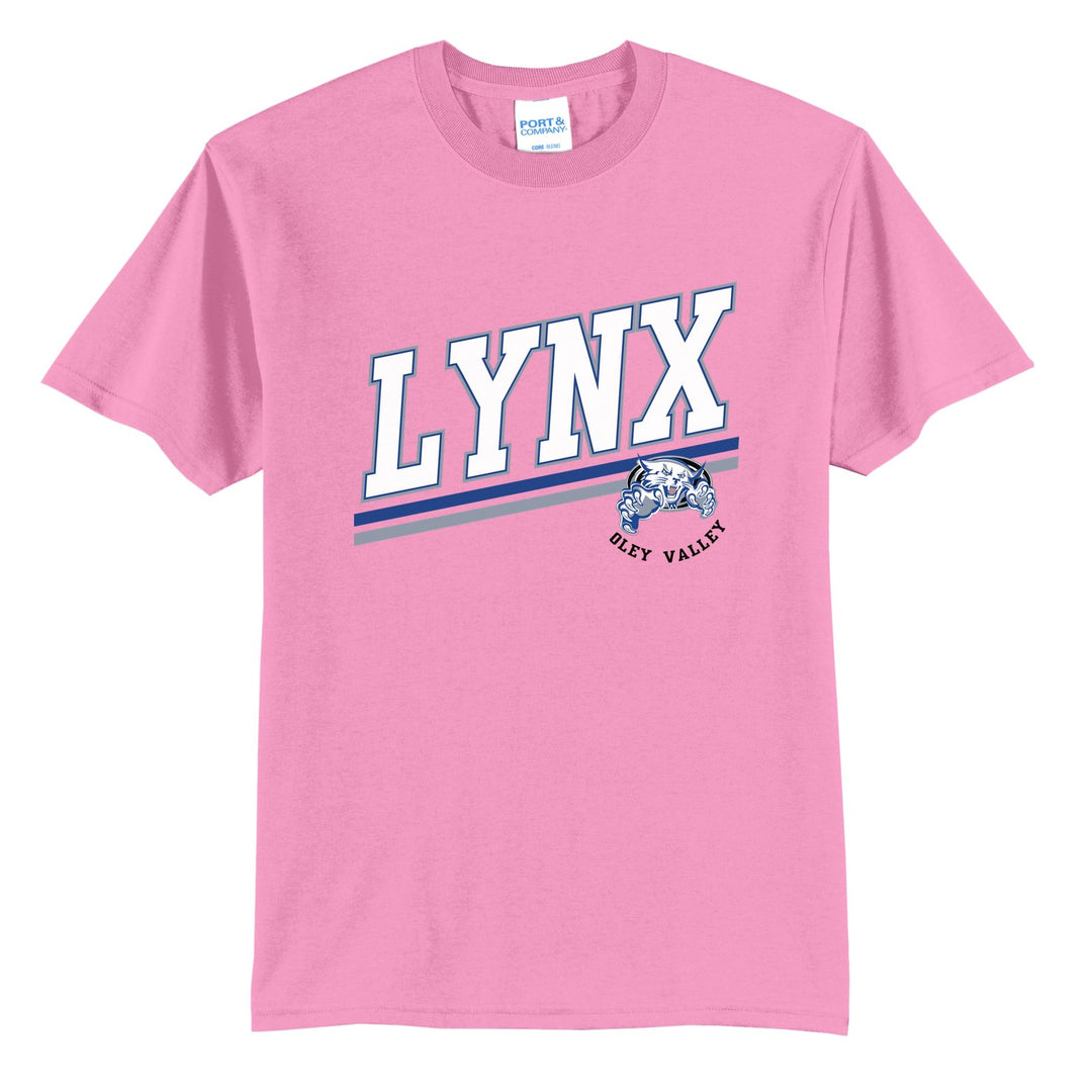 Oley Valley Lynx Slanted Stripe t-shirt in Candy Pink: bold varsity LYNX lettering over a slanted double stripe, with a small lynx mascot badge and Oley Valley