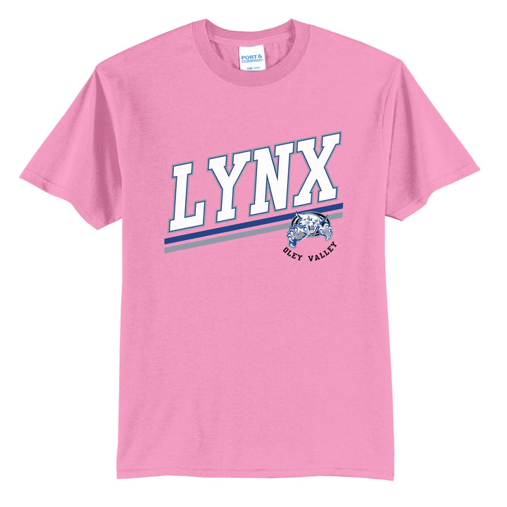 Oley Valley Lynx Slanted Stripe t-shirt in Candy Pink: bold varsity LYNX lettering over a slanted double stripe, with a small lynx mascot badge and Oley Valley