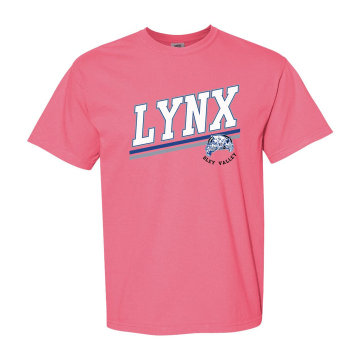 Oley Valley Lynx Slanted Stripe comfort colors t-shirt in Crunchberry: bold varsity LYNX lettering over a slanted double stripe, with a small lynx mascot badge and Oley Valley