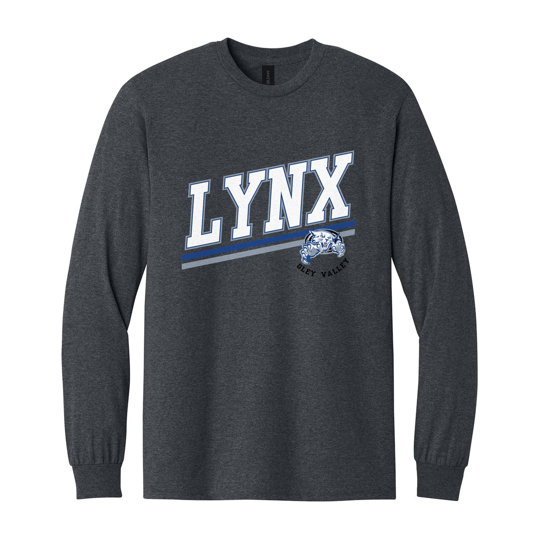 Oley Valley Lynx Slanted Stripe long sleeve t-shirt in Dark Heather: bold varsity LYNX lettering over a slanted double stripe, with a small lynx mascot badge and Oley Valley