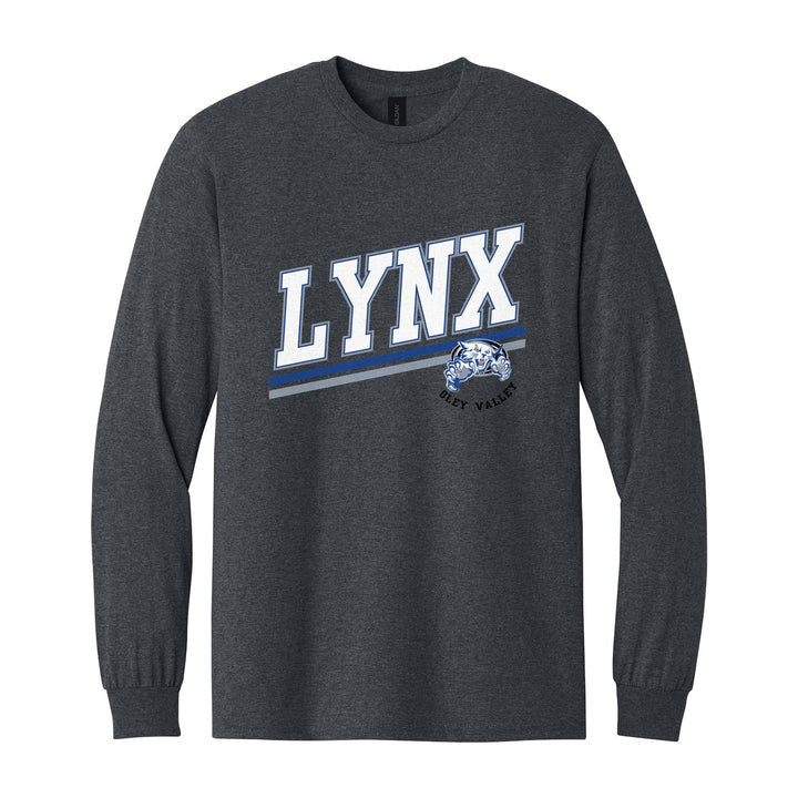 Oley Valley Lynx Slanted Stripe long sleeve t-shirt in Dark Heather: bold varsity LYNX lettering over a slanted double stripe, with a small lynx mascot badge and Oley Valley