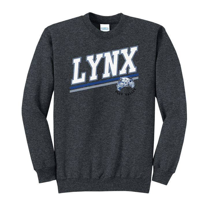 Oley Valley Lynx Slanted Stripe crewneck sweatshirt in Dark Heather Grey: bold varsity LYNX lettering over a slanted double stripe, with a small lynx mascot badge and Oley Valley