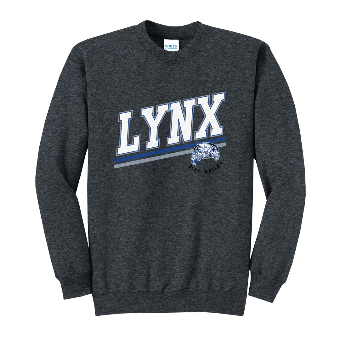 Oley Valley Lynx Slanted Stripe crewneck sweatshirt in Dark Heather Grey: bold varsity LYNX lettering over a slanted double stripe, with a small lynx mascot badge and Oley Valley