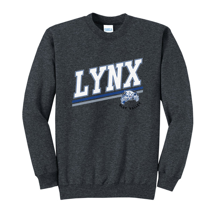 Oley Valley Lynx Slanted Stripe crewneck sweatshirt in Dark Heather Grey: bold varsity LYNX lettering over a slanted double stripe, with a small lynx mascot badge and Oley Valley