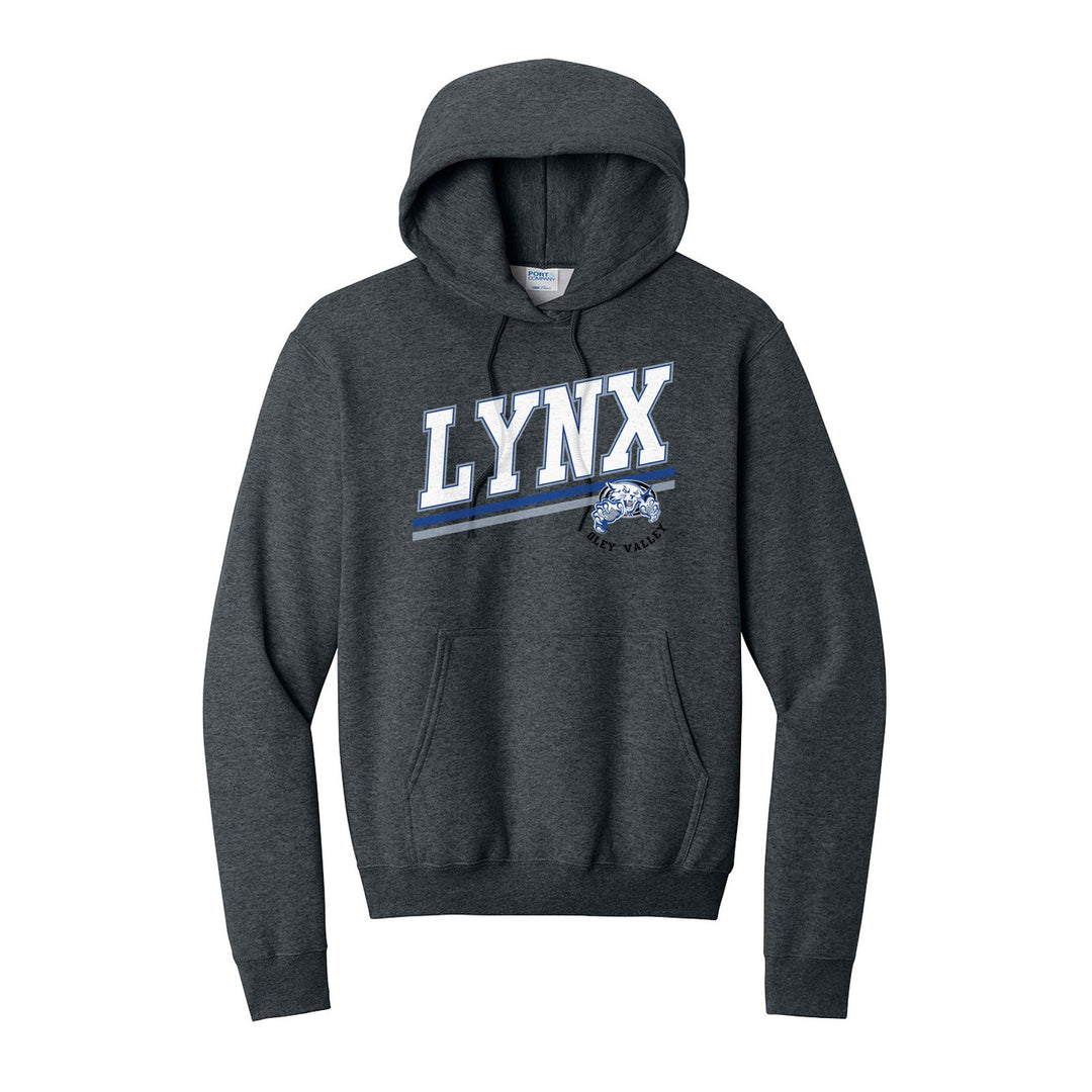 Oley Valley Lynx Slanted Stripe hoodie in Dark Heather Grey: bold varsity LYNX lettering over a slanted double stripe, with a small lynx mascot badge and Oley Valley