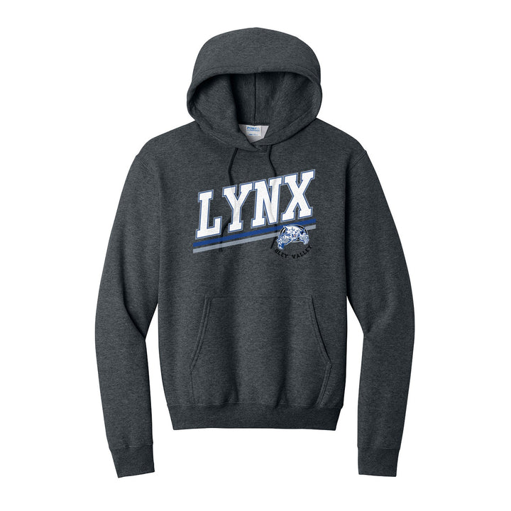 Oley Valley Lynx Slanted Stripe hoodie in Dark Heather Grey: bold varsity LYNX lettering over a slanted double stripe, with a small lynx mascot badge and Oley Valley
