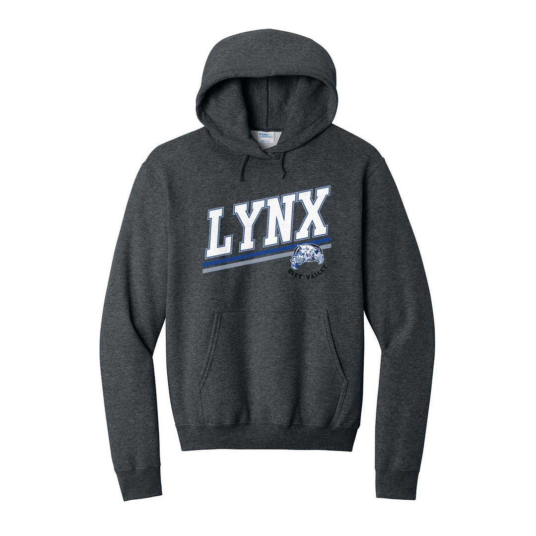 Oley Valley Lynx Slanted Stripe hoodie in Dark Heather Grey: bold varsity LYNX lettering over a slanted double stripe, with a small lynx mascot badge and Oley Valley