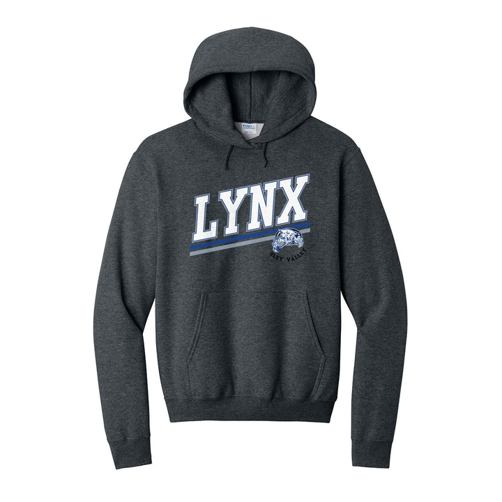 Oley Valley Lynx Slanted Stripe hoodie in Dark Heather Grey: bold varsity LYNX lettering over a slanted double stripe, with a small lynx mascot badge and Oley Valley
