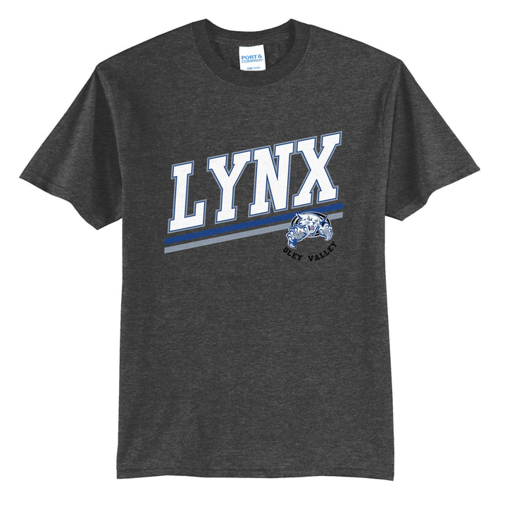 Oley Valley Lynx Slanted Stripe t-shirt in Dark Heather Grey: bold varsity LYNX lettering over a slanted double stripe, with a small lynx mascot badge and Oley Valley