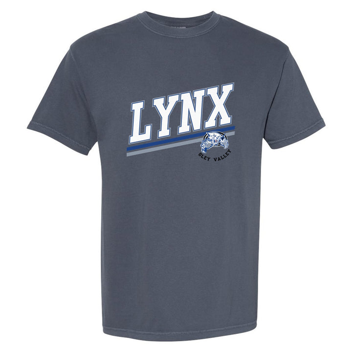 Oley Valley Lynx Slanted Stripe comfort colors t-shirt in Denim: bold varsity LYNX lettering over a slanted double stripe, with a small lynx mascot badge and Oley Valley