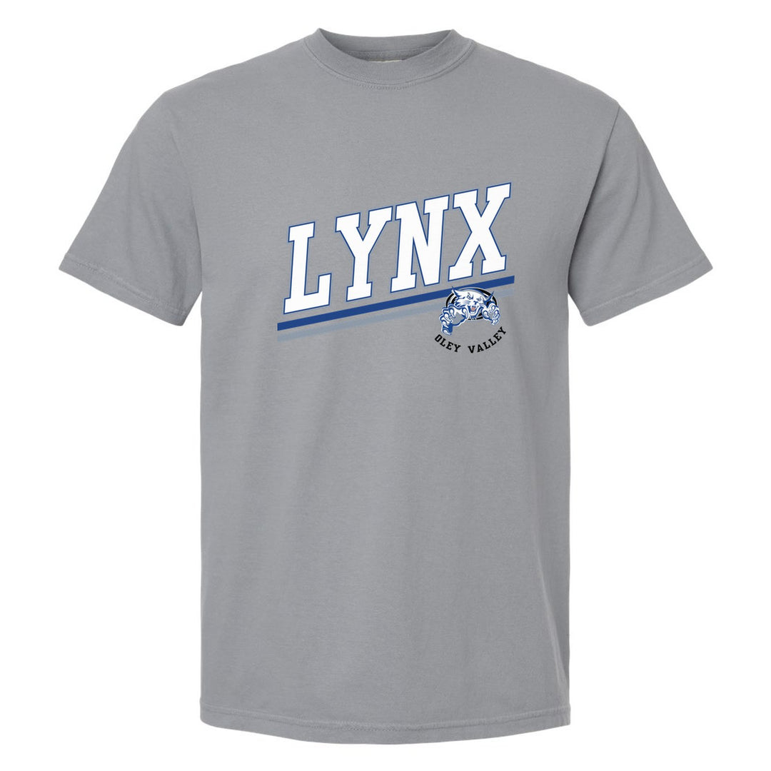 Oley Valley Lynx Slanted Stripe comfort colors t-shirt in Granite: bold varsity LYNX lettering over a slanted double stripe, with a small lynx mascot badge and Oley Valley