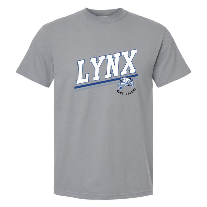 Oley Valley Lynx Slanted Stripe comfort colors t-shirt in Granite: bold varsity LYNX lettering over a slanted double stripe, with a small lynx mascot badge and Oley Valley