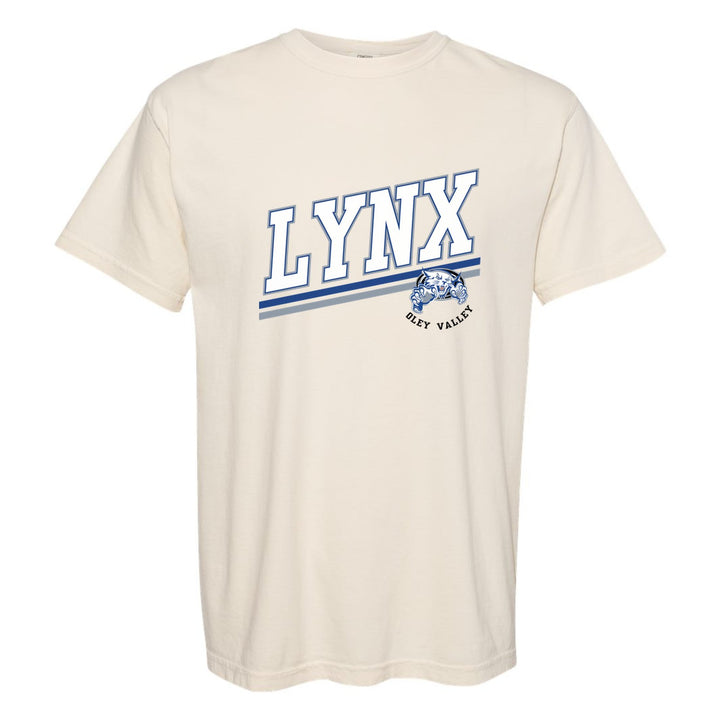 Oley Valley Lynx Slanted Stripe comfort colors t-shirt in Ivory: bold varsity LYNX lettering over a slanted double stripe, with a small lynx mascot badge and Oley Valley