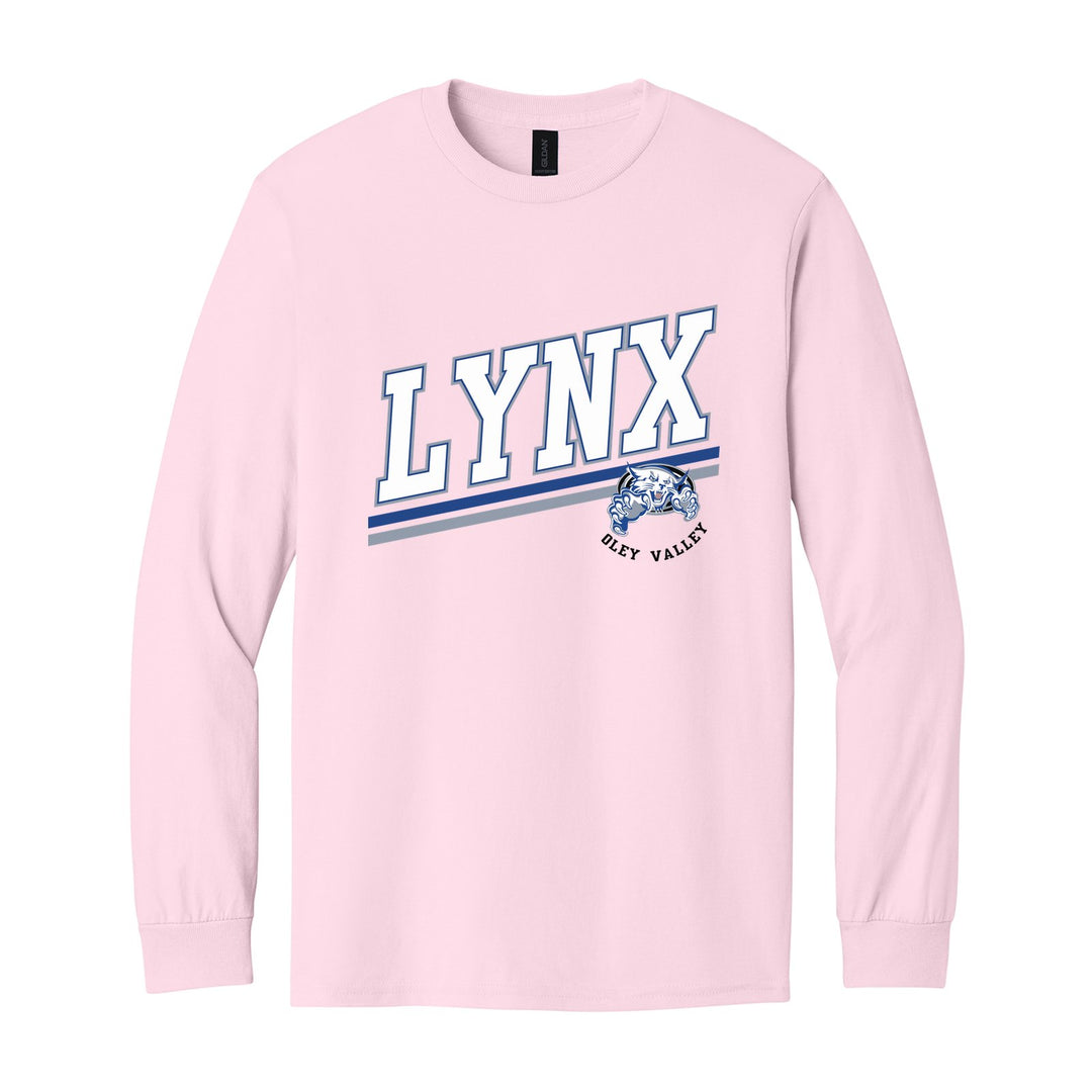 Oley Valley Lynx Slanted Stripe long sleeve t-shirt in Light Pink: bold varsity LYNX lettering over a slanted double stripe, with a small lynx mascot badge and Oley Valley