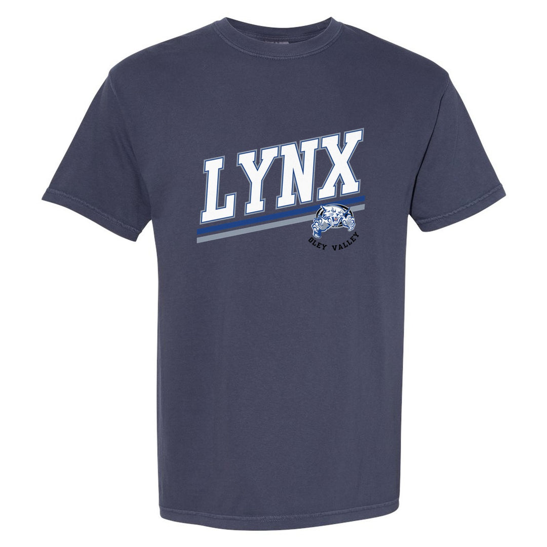 Oley Valley Lynx Slanted Stripe comfort colors t-shirt in Navy: bold varsity LYNX lettering over a slanted double stripe, with a small lynx mascot badge and Oley Valley