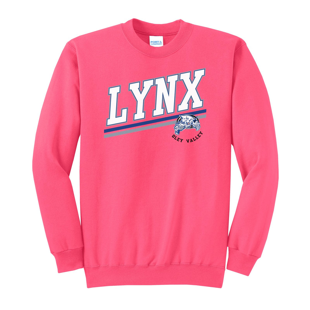 Oley Valley Lynx Slanted Stripe crewneck sweatshirt in Neon Pink: bold varsity LYNX lettering over a slanted double stripe, with a small lynx mascot badge and Oley Valley