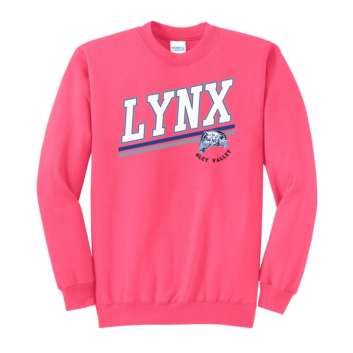 Oley Valley Lynx Slanted Stripe crewneck sweatshirt in Neon Pink: bold varsity LYNX lettering over a slanted double stripe, with a small lynx mascot badge and Oley Valley