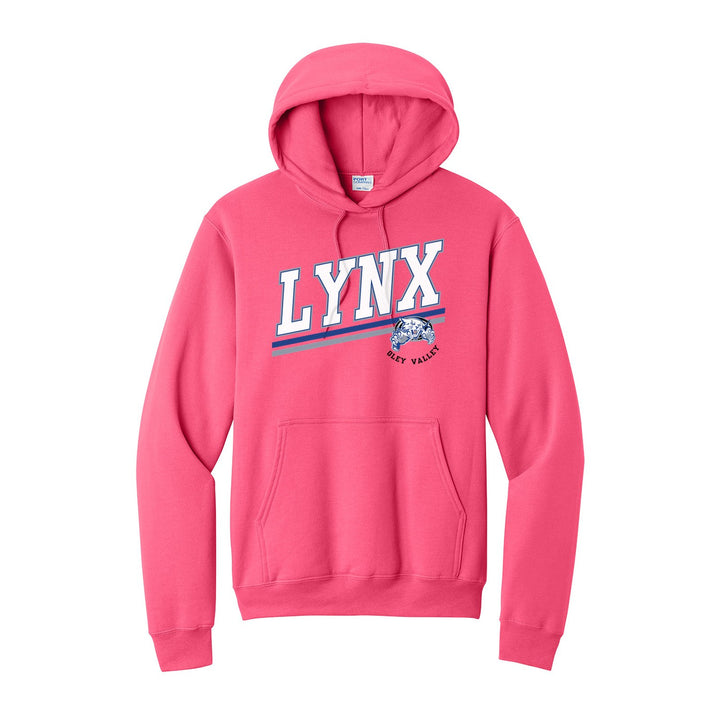 Oley Valley Lynx Slanted Stripe hoodie in Neon Pink: bold varsity LYNX lettering over a slanted double stripe, with a small lynx mascot badge and Oley Valley