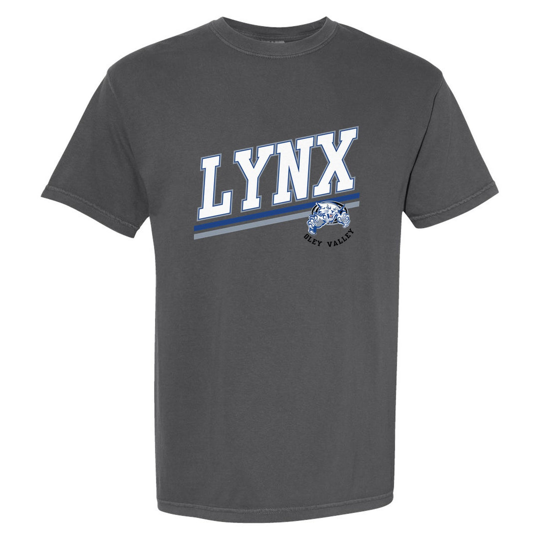 Oley Valley Lynx Slanted Stripe comfort colors t-shirt in Pepper: bold varsity LYNX lettering over a slanted double stripe, with a small lynx mascot badge and Oley Valley
