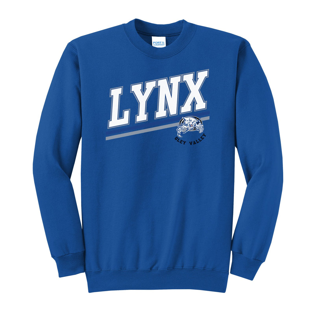 Oley Valley Lynx Slanted Stripe crewneck sweatshirt in Royal: bold varsity LYNX lettering over a slanted double stripe, with a small lynx mascot badge and Oley Valley