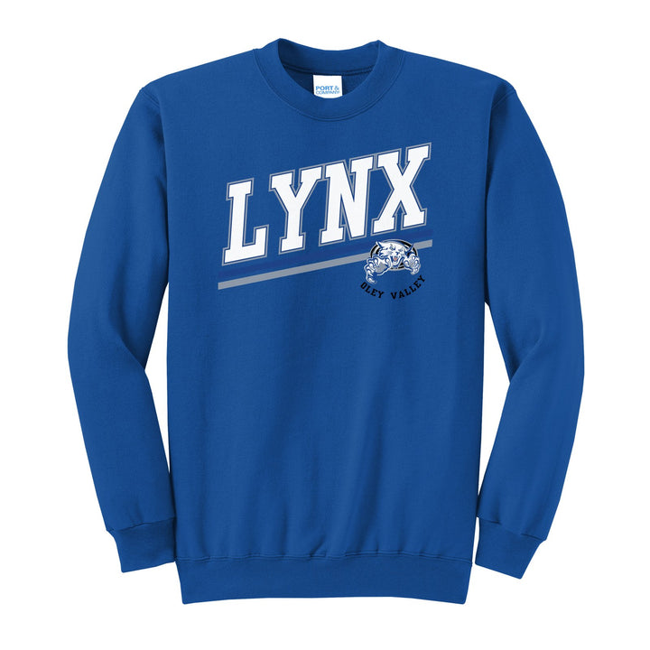 Oley Valley Lynx Slanted Stripe crewneck sweatshirt in Royal: bold varsity LYNX lettering over a slanted double stripe, with a small lynx mascot badge and Oley Valley