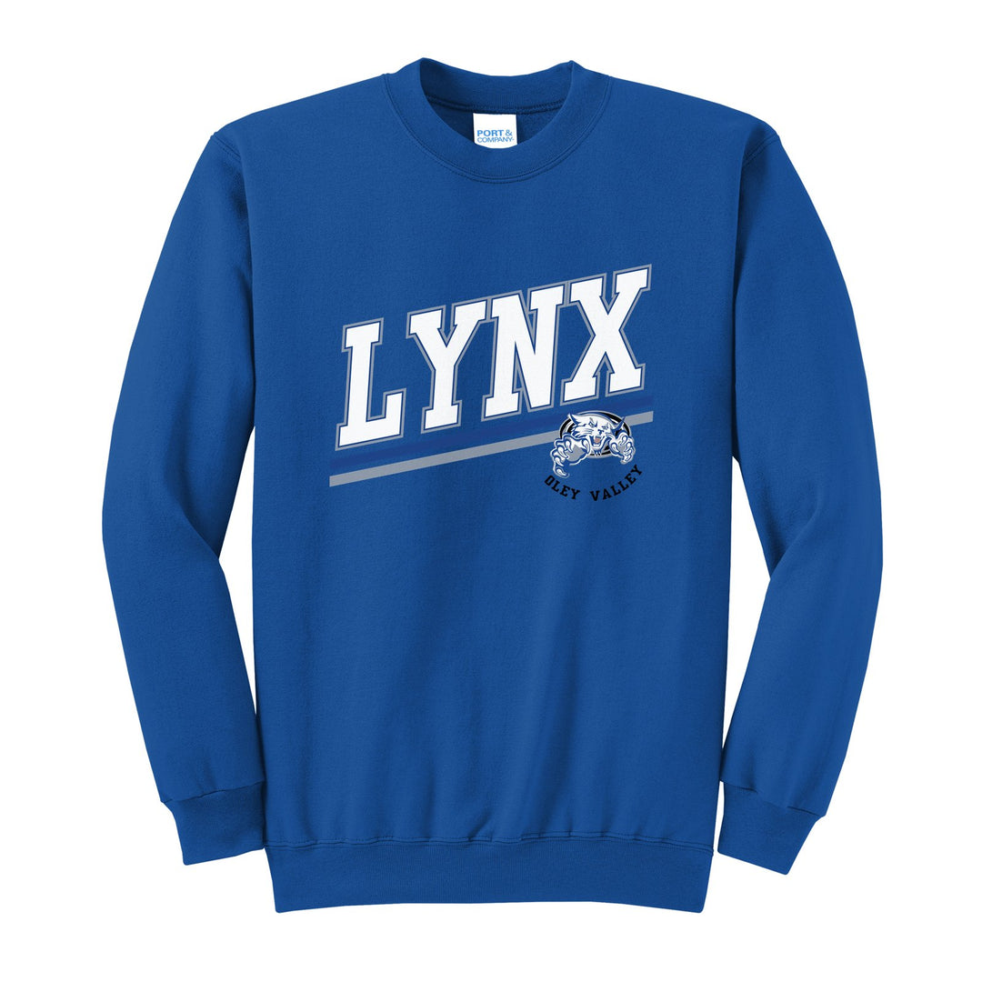 Oley Valley Lynx Slanted Stripe crewneck sweatshirt in Royal: bold varsity LYNX lettering over a slanted double stripe, with a small lynx mascot badge and Oley Valley