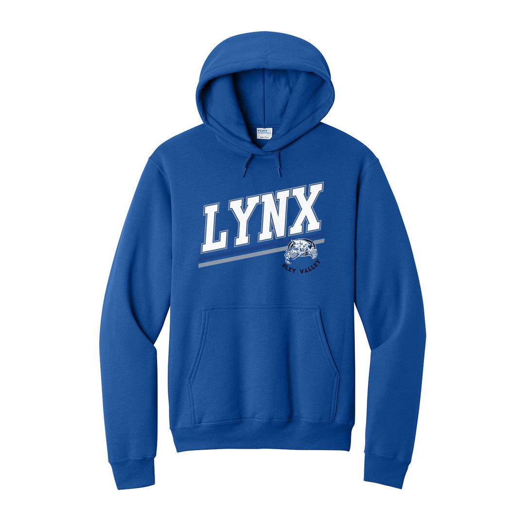 Oley Valley Lynx Slanted Stripe hoodie in Royal: bold varsity LYNX lettering over a slanted double stripe, with a small lynx mascot badge and Oley Valley