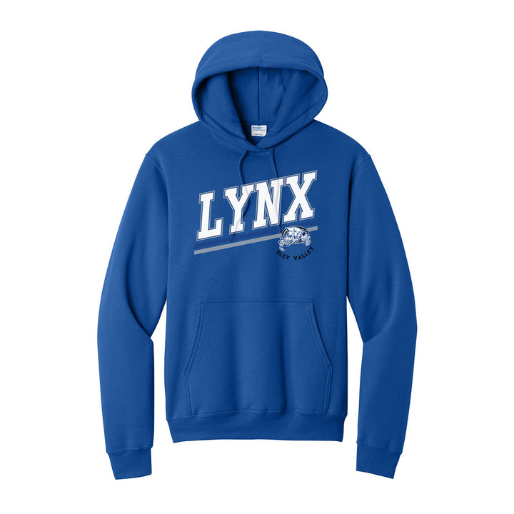 Oley Valley Lynx Slanted Stripe hoodie in Royal: bold varsity LYNX lettering over a slanted double stripe, with a small lynx mascot badge and Oley Valley