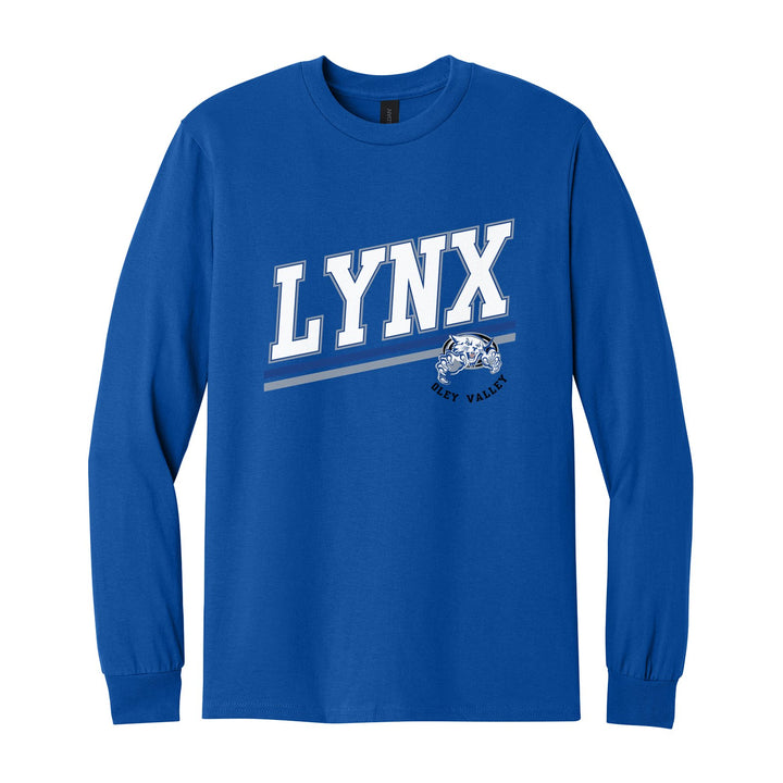 Oley Valley Lynx Slanted Stripe long sleeve t-shirt in Royal: bold varsity LYNX lettering over a slanted double stripe, with a small lynx mascot badge and Oley Valley