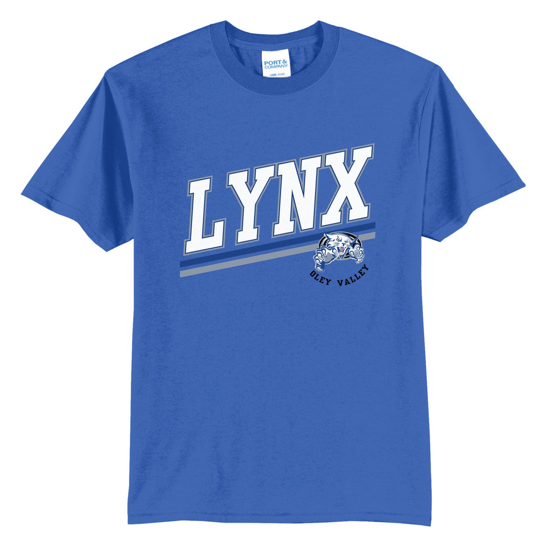 Oley Valley Lynx Slanted Stripe t-shirt in Royal: bold varsity LYNX lettering over a slanted double stripe, with a small lynx mascot badge and Oley Valley