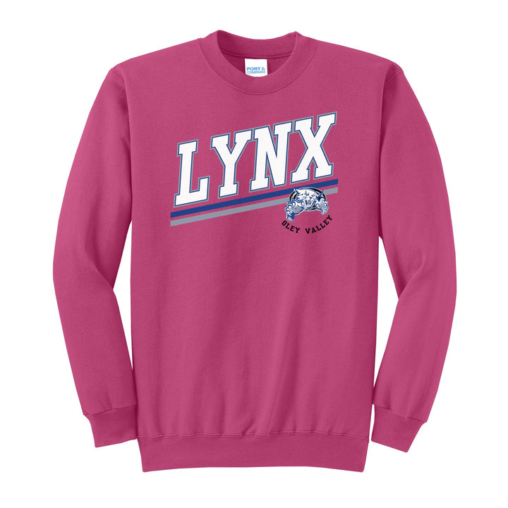 Oley Valley Lynx Slanted Stripe crewneck sweatshirt in Sangria: bold varsity LYNX lettering over a slanted double stripe, with a small lynx mascot badge and Oley Valley