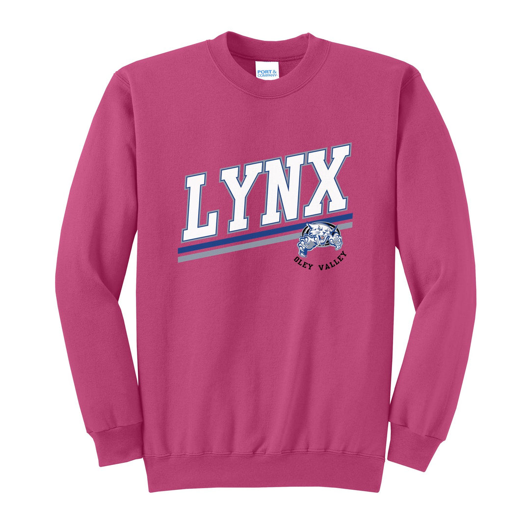 Oley Valley Lynx Slanted Stripe crewneck sweatshirt in Sangria: bold varsity LYNX lettering over a slanted double stripe, with a small lynx mascot badge and Oley Valley